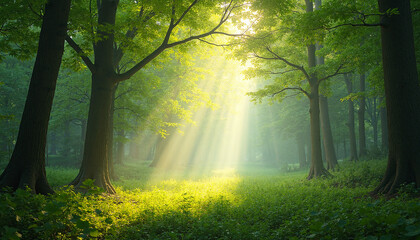Fototapeta premium Sunlit Glade Illuminated by Dappled Light Through Lush Green Leaves, Evoking a Tranquil Atmosphere in a Serene Woodland Setting