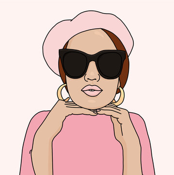 Woman in Beret with Pink Sweater and Sunglasses
