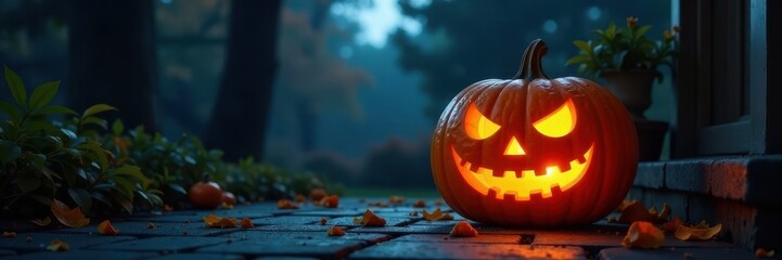 Fototapeta premium Carved pumpkin with glowing face on dark porch against a spooky backdrop of trees, spooky atmosphere, glowing pumpkins, dark porch