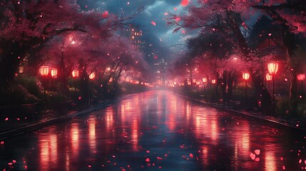 Rain Night Canal Cherry Blossoms Illuminated Cityscape