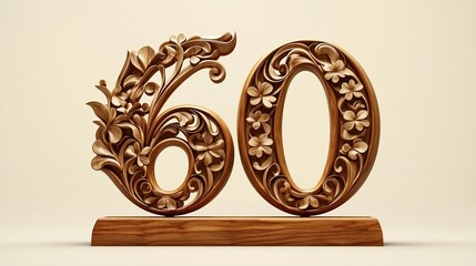 Ornate wooden number 60 on a stand.