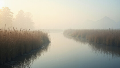 Fototapeta premium Tranquil Silent Marshes at Dawn with Misty Waters and Tall Reeds Reflecting Natural Serenity in a Wide Landscape