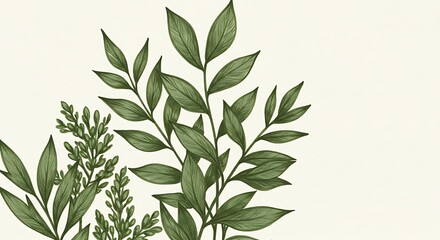 Fototapeta premium Green plant and leafs pattern. Pencil, hand drawn natural illustration. Simple organic plants design. Botany vintage graphic art. 4k wallpaper, background. Simple, minimal, clean design