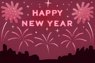 Obraz premium Happy New Year greeting card with festive fireworks and pink background illustration