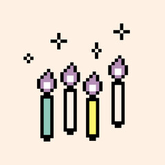 Y2k Happy Birthday candle emoji. Pixel art. Event decoration element. Candles with fire icon. Game abstract sticker for poster, collage, party and birthday card. Editable pixel vector illustration