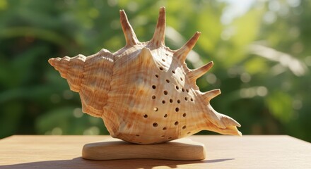 Fototapeta premium Detailed conch shell on wooden stand against lush green background