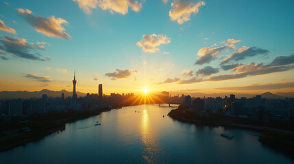 Stunning sunset over a vibrant city skyline beside the river