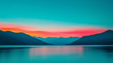 Fototapeta premium Serene evening panorama of tranquil mountains and calm waters at sunset