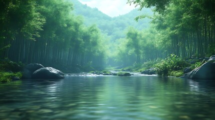 Obraz premium Serene Bamboo Forest Stream A Tranquil Natural Scene