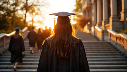 Graduating Student Ascending Steps at Sunset