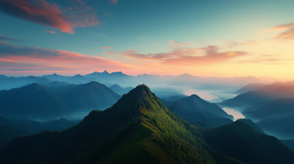 Serene mountain landscape at dawn with soft light over rolling hills and valleys