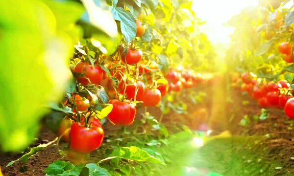 Ripe red tomatoes on lush green vines illuminated by golden sunlight in a vibrant garden. Ideal for organic farming, eco-friendly agriculture, natural food concepts, or sustainable lifestyle imagery.
