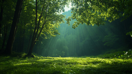 Obraz premium Sunlight filters through tall trees in a tranquil forest setting at midday