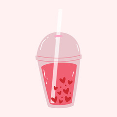 Bubble tea with heart shaped tapioca. Saint Valentines day cute illustration