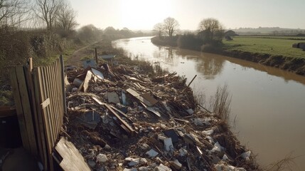 Waste Dumping Along Rural Riverbank in Daylight