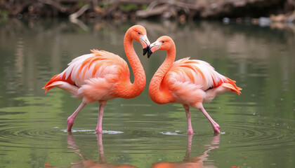 Fototapeta premium Flamingos courting in tranquil water