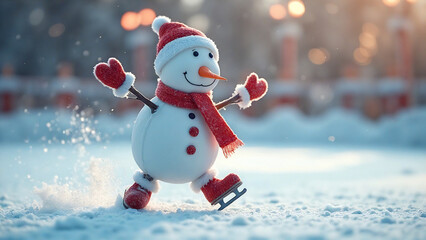 Cute snowman with skate in a snowy landscape