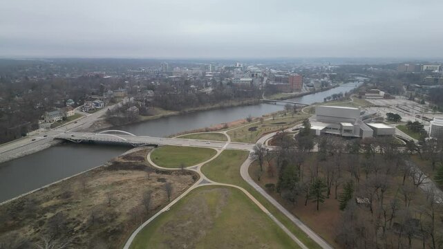 A winter view. Looking at the Park road bridge and down the Iowa river you can see downtown Iowa City and the University of Iowa arts campus including its large preforming arts facility, Hancher. 