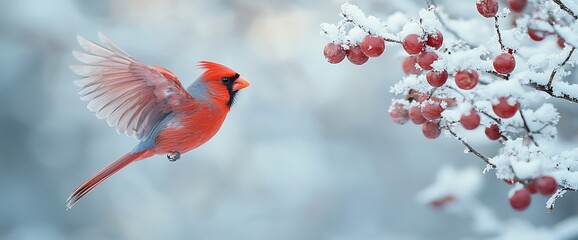 Northern Cardinal in flight approaching snow-covered berries.