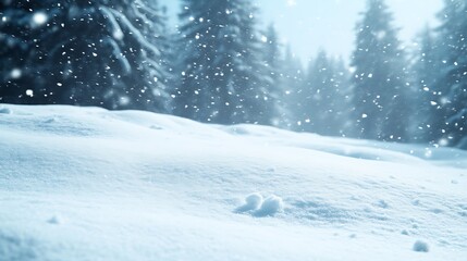 Snowy Landscape With Falling Snow And Pine Trees