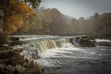 waterfall on river swale at richmond, north yorkshire in autumn
