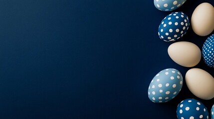 Delicate arrangement of blue and white Easter eggs on a deep navy background captures the essence of spring festivities