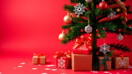 A decorated Christmas tree with snowflakes and gifts on a red background during the holiday season,...