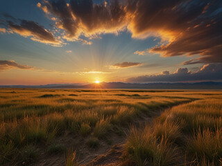 Sunset in the steppe, the warm golden sun slowly sinks below the horizon. The endless expanses covered with grass glow with a soft orange-pink light.