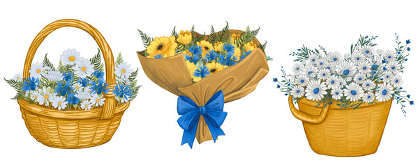 Bright spring floral compositions for merch, fabric printing, souvenir products, stickers, postcards. Bright wildflowers: daisies, poppies, cornflowers in a bouquet, basket