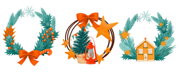 Cute Winter Wreaths: Festive Orange and Teal Designs for Stickers and Cards. Circle with winter decor, cozy forest ornament, elements for patterns