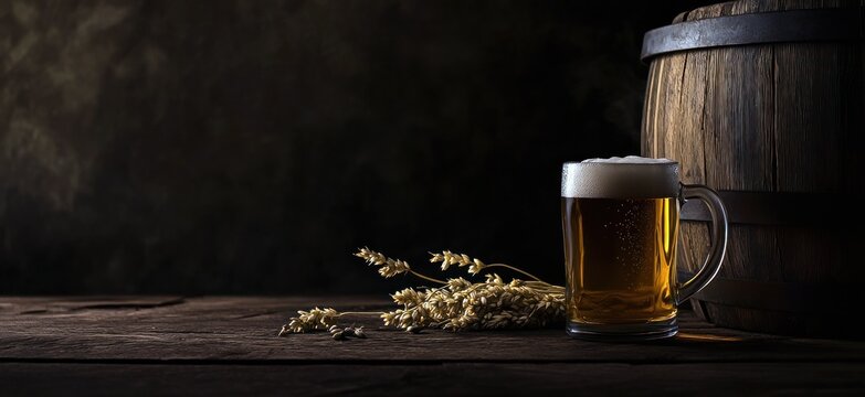 Une chope en verre avec de la bi&egrave;re, un vieux tonneau et du bl&eacute; sur une table en bois sur un fond sombre, image avec espace pour texte.