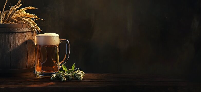 Une chope en verre avec de la bi&egrave;re, un vieux tonneau, du houblon et du bl&eacute; sur une table en bois sur un fond sombre, image avec espace pour texte.