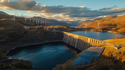 A massive hydroelectric dam standing alongside fields of solar panels and wind farms