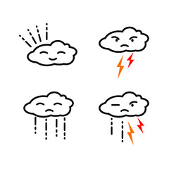 Set of cute weather icons with clouds expressing different moods: sunny, stormy, rainy, and thunderstorm. Minimalist and playful illustration for weather-related designs.