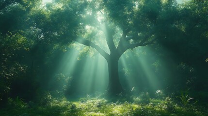 Obraz premium Sunbeams Illuminate A Majestic Tree In A Verdant Forest