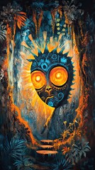 Fototapeta premium Luminous Tribal Mask in a Tropical Forest Setting