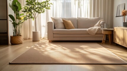 A soft rectangular rug in light brown tones, designed for a cozy interior, with non-slip base, accented by natural wood accents and a clean white background.