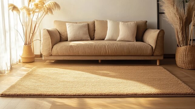 Light brown rectangular rug with non-slip base, perfect for living room or children's play area, complemented by natural wood accents and bright lighting