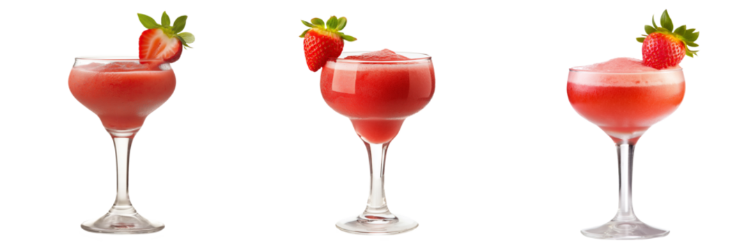 A chilled glass of frozen strawberry daiquiri, served in a classic cocktail glass and garnished with a fresh strawberry, isolated on a transparent background