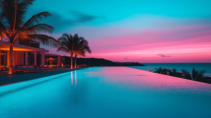 Obraz premium Resort at sunset with palm trees and an infinity pool overlooking the ocean