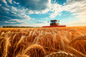 Fototapeta premium Combine harvester on a field of wheat