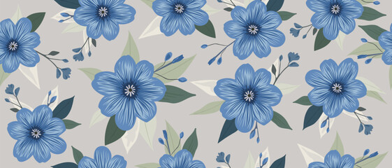 Seamless pattern with hand drawn cute blue flowers on light background.