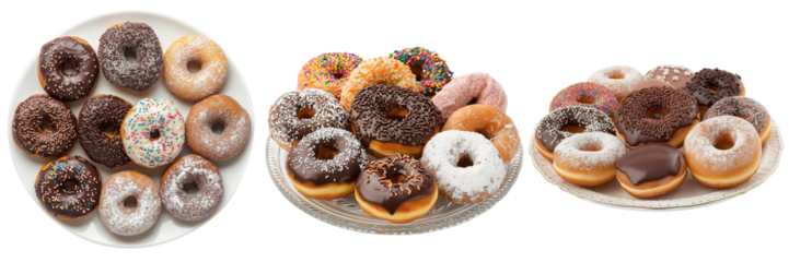 A platter of assorted doughnuts in various flavors, including chocolate glazed, powdered sugar, and sprinkle-covered, isolated on a transparent background