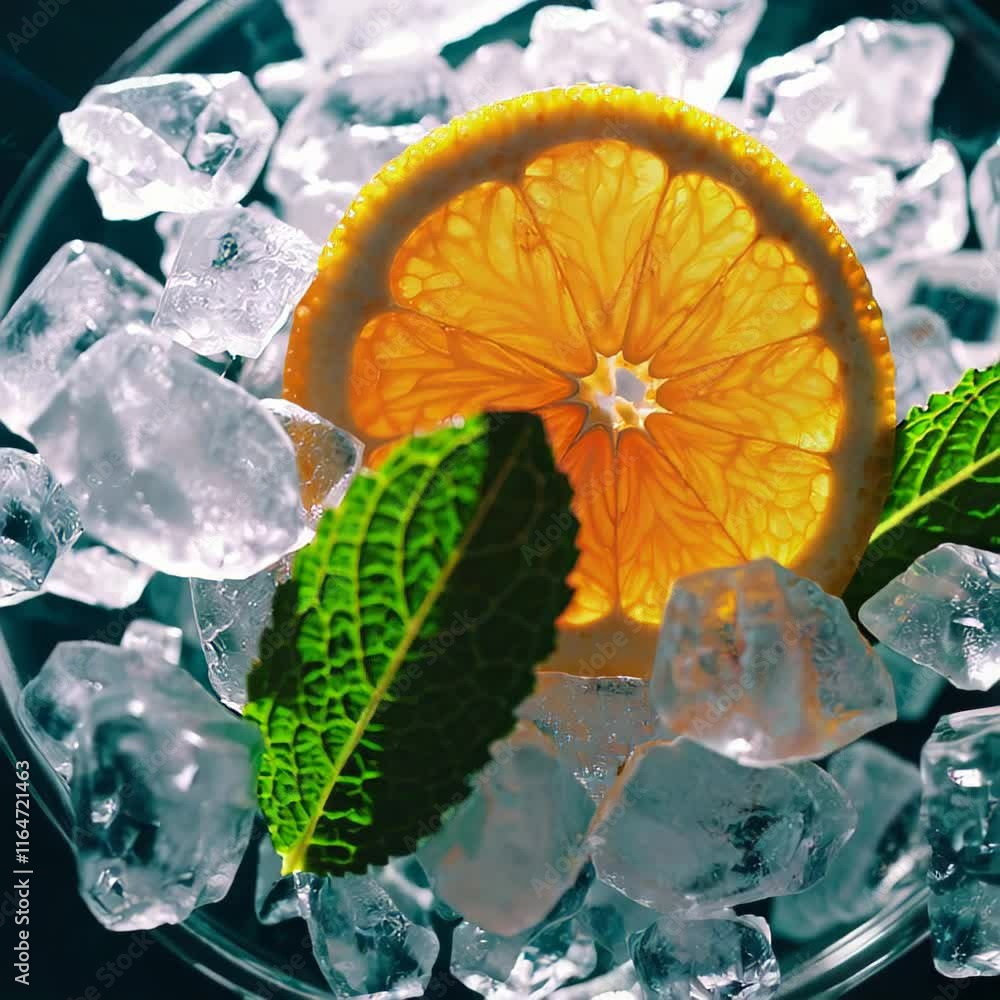 Poster vibrant composition of a fresh orange slice and mint leaves nestled in ice cubes, creating a refresh