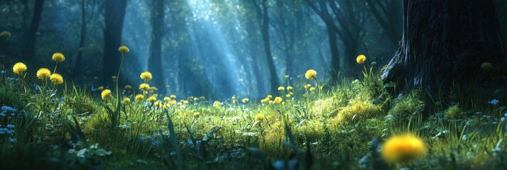 Beautiful wide format image of a pristine forest lawn with fresh grass and yellow dandelions against a defocused background.
