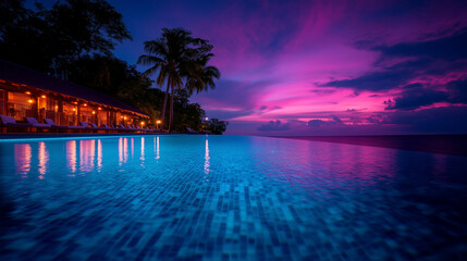 Obraz premium Resort at sunset with palm trees reflecting over an infinity pool overlooking the ocean