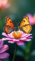 Fototapeta premium A pair of butterflies resting on delicate flower petals, their wings folded softly, insect, soft, bloom