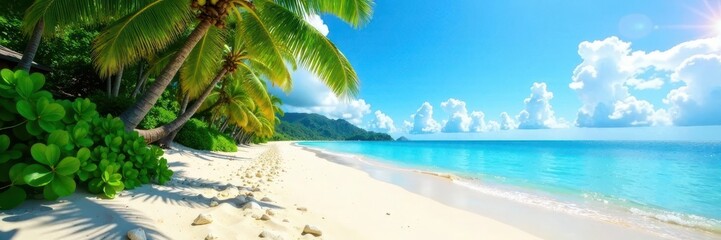 Obraz premium Sandy beach with lush greenery and a clear blue sky, serene, beach