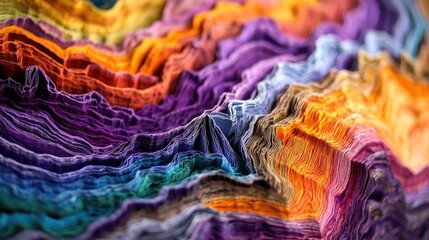 A vibrant display of layered, colorful paper resembling a mountain range.