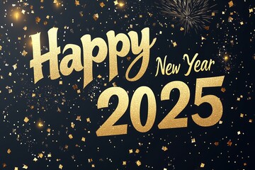 happy new year 2025 greeting card with golden text design, confetti background, festive holiday theme, celebration banner, and gold and black typography